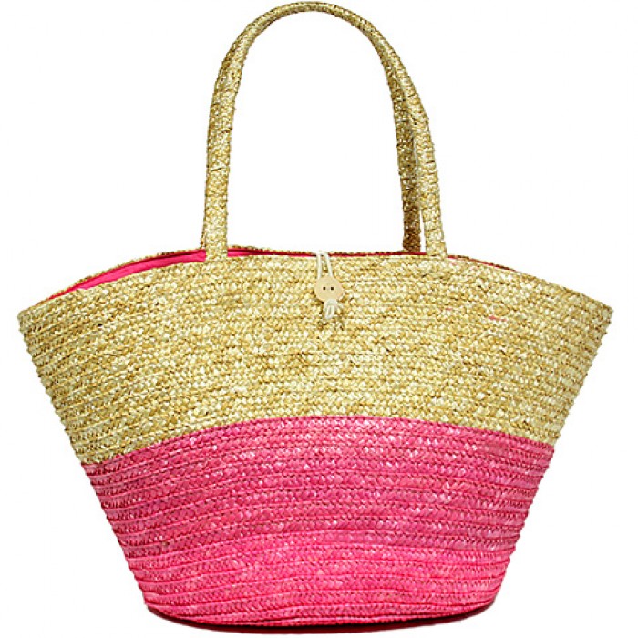 Straw Tote: Woven Wheat Straw Tote - 2 Tones - Pink - BG-R11053PK